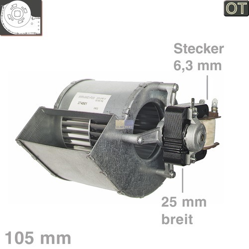 Klick zeigt Details von Querstromlüfter 105mm-A-rechts Dimplex 344970 A24NJ326L Bosch Nachtspeicher Lüfter Ventilator